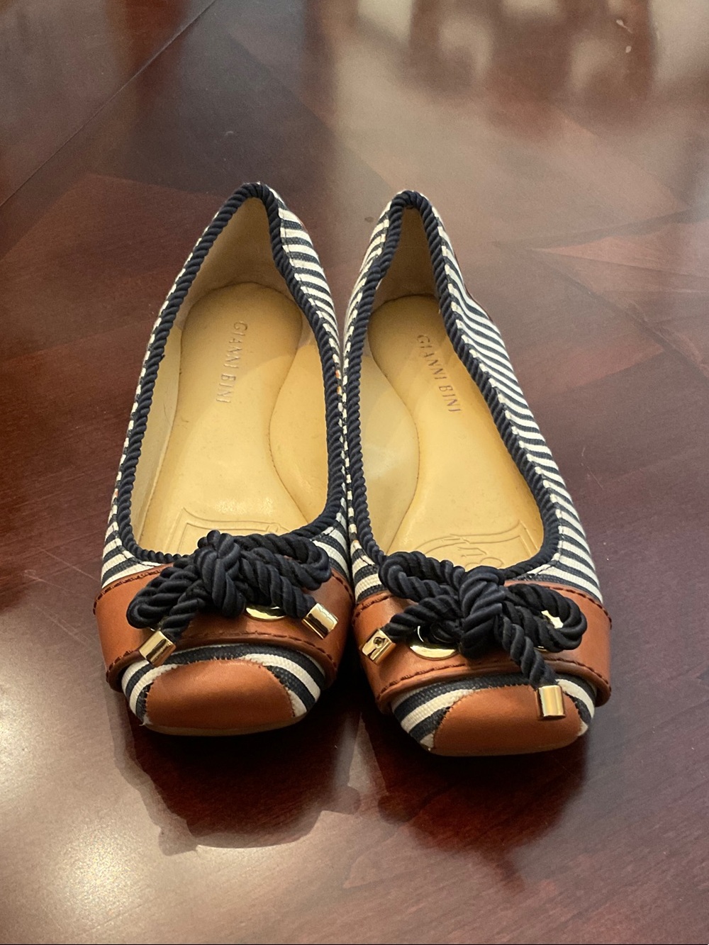Gianni Bini Navy & White Striped Rope-Accent Flats with Brown Trim